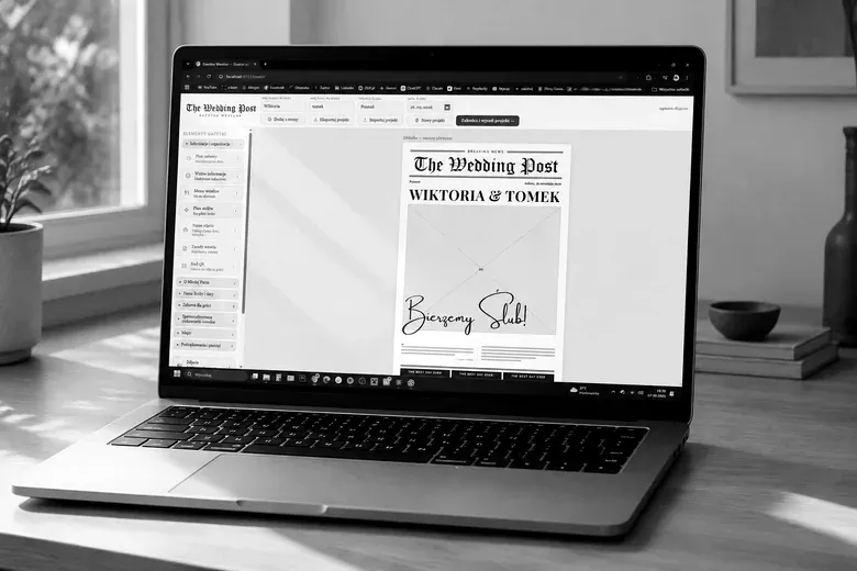 Kreator gazetki otwarty na laptopie - strona tytułowa w trakcie projektowania