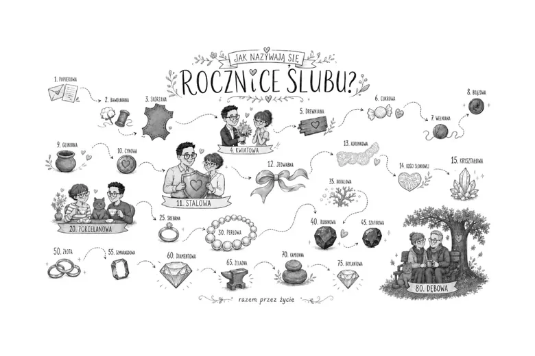 Sekcja „Jak nazywają się rocznice ślubu?”: ręcznie rysowana infografika z nazwami rocznic od papierowej do dębowej, z portretami pary wplecionymi w ilustracje
