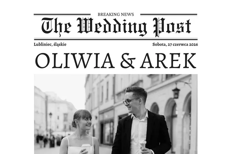 Strona tytułowa wydrukowanej gazetki: winieta „The Wedding Post”, pod nią imiona pary w wielkim nagłówku i wspólne zdjęcie